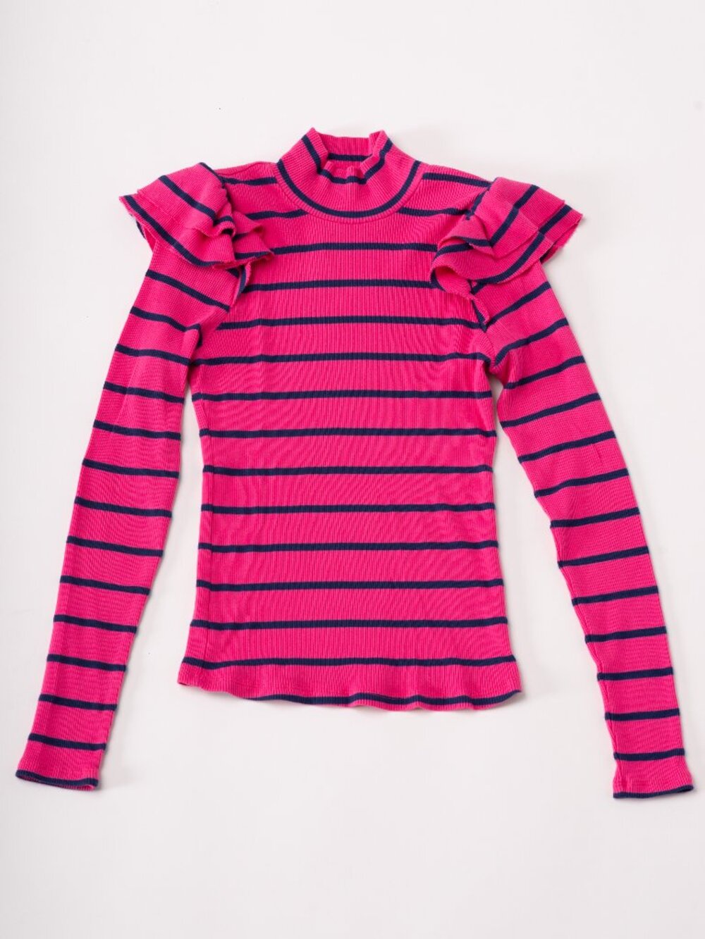 NWT Anthropologie T.La Pink Striped Ruffle Mock Neck Top XS Coquette Preppy